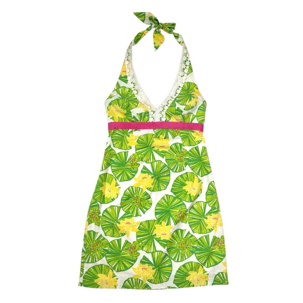 Lily Pulitzer Hip Hop Hooray Cocoa Lillypad Halter Dress Green SZ 0
